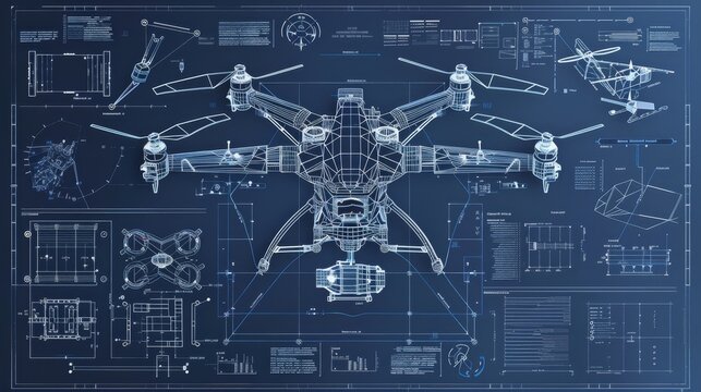 Detailed blueprint of a drone showcasing its design and technical specifications on a dark background. Ideal for engineering projects.