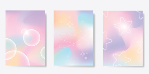 Abstract pastel gradient background vector set. Minimalist style cover template with bubble, star, sparkle. Modern wallpaper design perfect for poster, flyer, social media, card, prints.