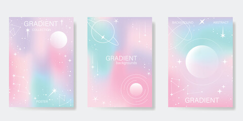 Abstract pastel gradient background vector set. Minimalist style cover template with planet, star, saturn, sparkle. Modern wallpaper design perfect for poster, flyer, social media, card, prints.