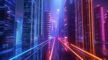 Obraz premium Futuristic cityscape with neon lights and glowing skyscrapers, showcasing a vibrant and immersive urban environment.