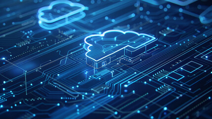 Futuristic cloud computing network with glowing circuit patterns and digital elements on a blue background.