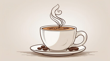 Simple Coffee Cup with Swirling Steam and Coffee Beans Illustration in Warm Tones
