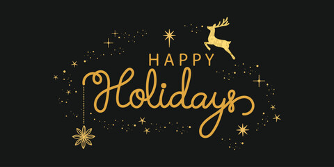 Merry Christmas quote with gold reindeer, sparkle background vector. Happy holidays illustration doodle style alphabet for t-shirt, sticker, print, poster, social media, . © babeer