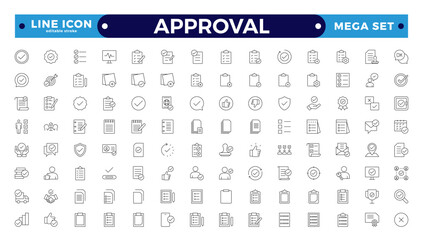 Approval Outline icons set. Check mark, certified, validation, agreement, thumps up, settings, shield icons, and more signs. Flat icon collection. Editable stroke outline icon. 