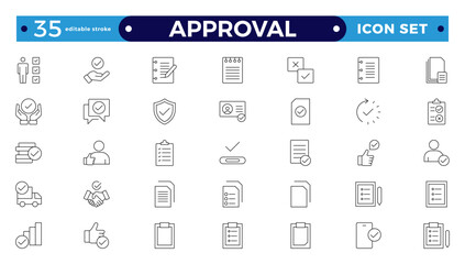 Approval Outline icons set. Check mark, certified, validation, agreement, thumps up, settings, shield icons, and more signs. Flat icon collection. Editable stroke outline icon. 