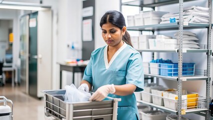Indian Nurse with Medical Supplies - Indian female nurse organizing medical supplies and equipment in a healthcare facility, ready for patient care.
