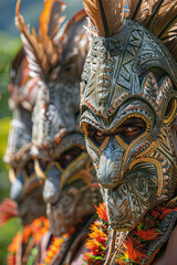 Close-Up of Tribal Warriors in Ornate Traditional Masks and Costumes During Cultural Ceremony, Reflecting Rich Heritage and Ancestral Traditions