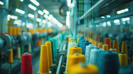 Fototapeta premium A close-up shot of spools of thread in a factory. The spools are arranged in a row, with the colors yellow, red, white, and grey. The spools are in focus while the background is blurred.