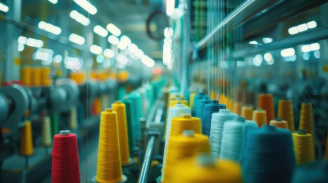 A close-up shot of spools of thread in a factory. The spools are arranged in a row, with the colors yellow, red, white, and grey. The spools are in focus while the background is blurred.