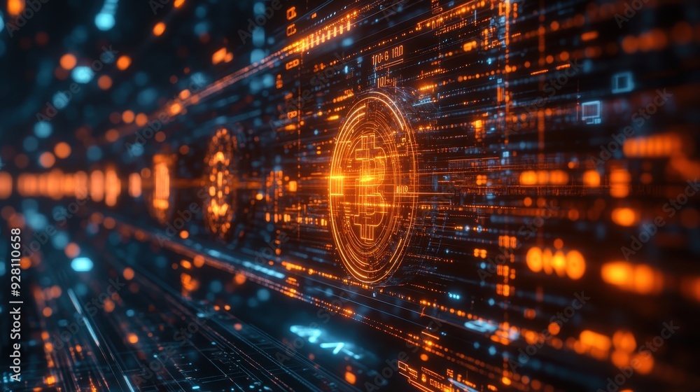 Poster digital currency symbols floating in futuristic virtual space with glowing effects and grids, techno