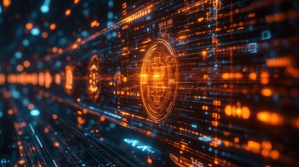 Digital Currency Symbols Floating in Futuristic Virtual Space with Glowing Effects and Grids, Technology and Cryptocurrency Concepts
