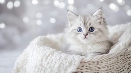 Cute Silver Kitten with Blue Eyes in Cozy Basket