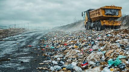Large yellow dump truck driving road covered garbage Earth pollu