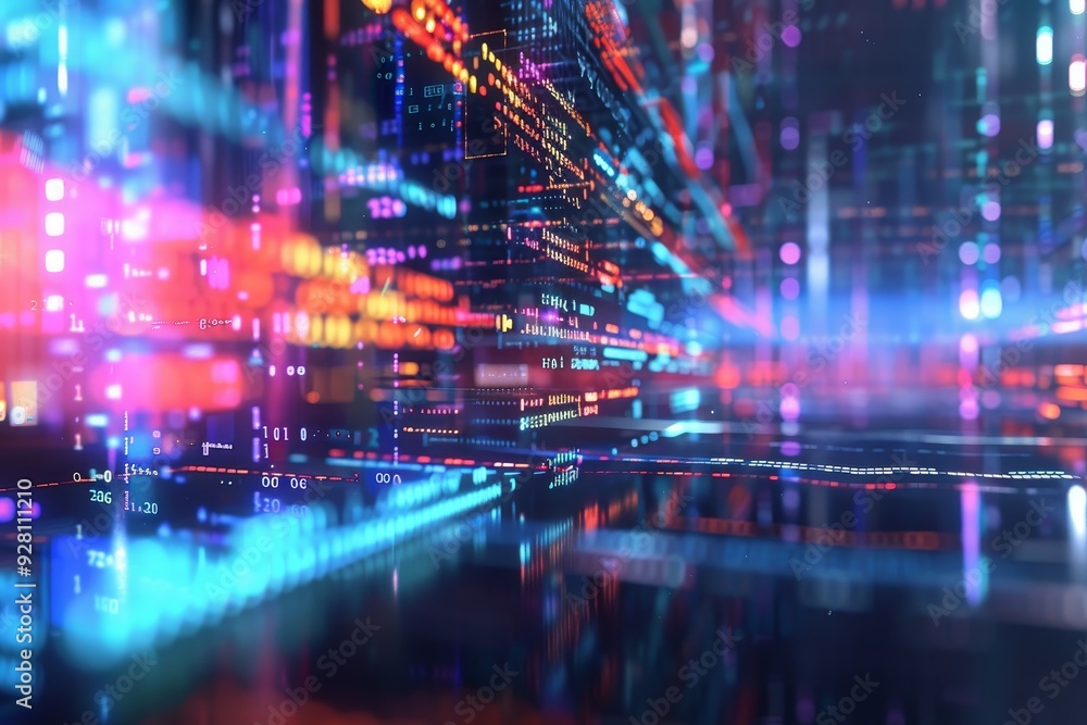 Poster abstract digital cityscape with neon lights and data streams