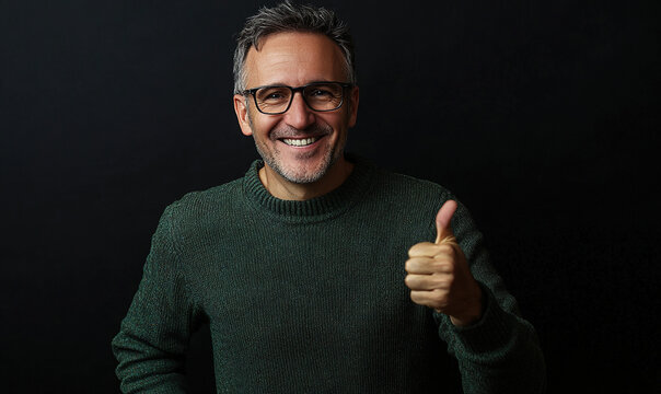 Photorealistic image of a smiling middle-aged man in a green sweater and glasses giving a thumbs-up sign. Black background highlights his positive approval and self-confidence.