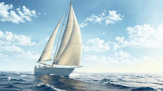 Sailboat sailing ocean boat is white large sail Beautiful yacht