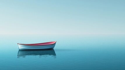 Naklejka premium Peaceful Red and White Boat Floating on Calm Blue Sea