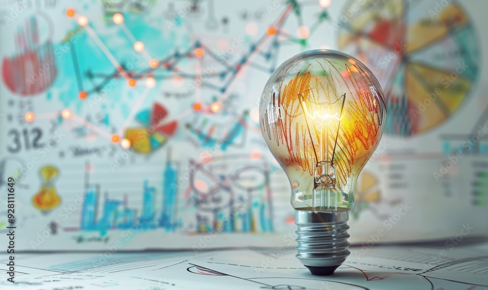 Aufkleber Illuminated Light Bulb on a Table with Hand-Drawn Charts and Graphs in the Background