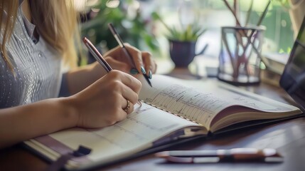 A woman with blonde hair is writing in a planner while sitting at a desk. There are a few other items on the desk, including pens, a laptop, and a plant.