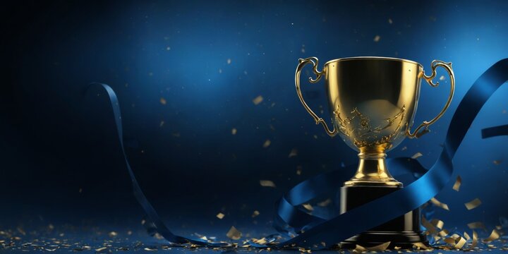 Golden trophy cup dark blue background is center Golden trophy a
