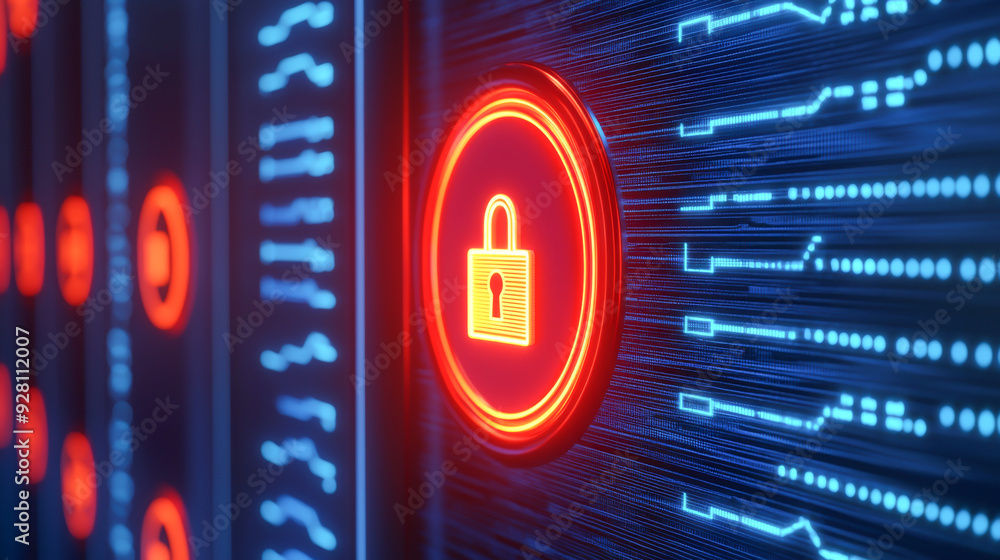 Poster a close-up of a digital lock symbol against a tech-inspired background, representing cybersecurity a