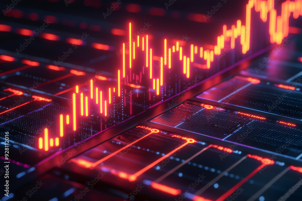 Poster a close-up of a glowing stock market graph displaying vibrant candlestick patterns and data trends o