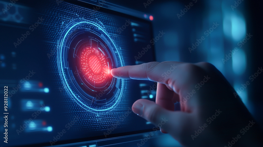 Poster a close-up of a hand interacting with a futuristic interface, showcasing advanced technology and dig