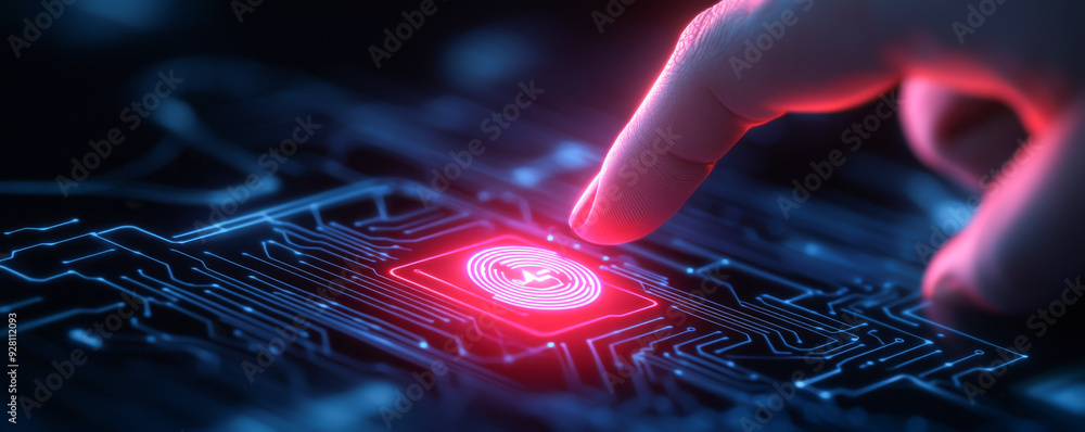 Poster a close-up view of a finger touching a glowing circuit board chip, representing advanced technology 
