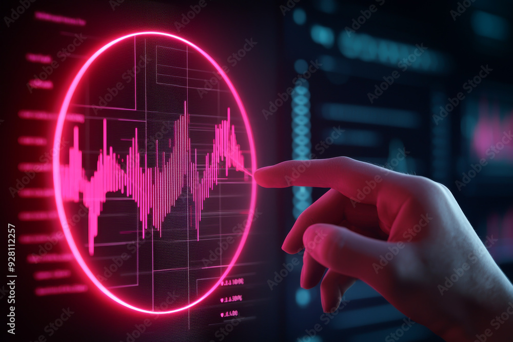 Poster a digital interface with a glowing pink waveform being touched, illustrating technology and data ana