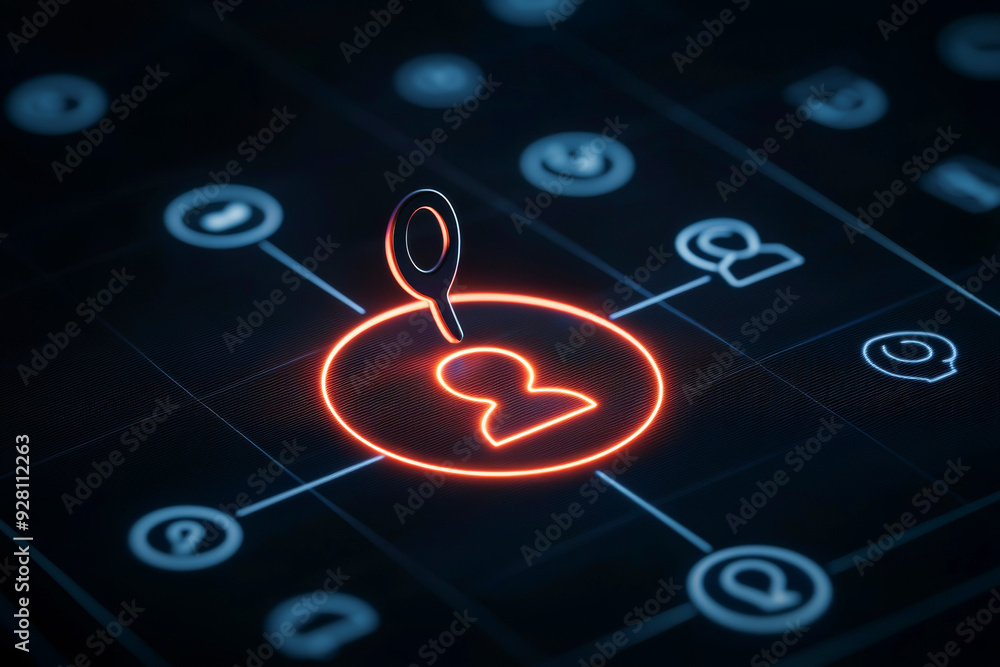 Poster a digital network illustration displaying a user icon highlighted, symbolizing connectivity and soci