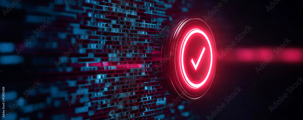 Poster a futuristic digital checkmark symbolizing success and verification, surrounded by vibrant data stre