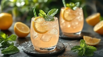 Fototapeta premium Iced Lemon and Mint Cocktail in a Glass with Straw
