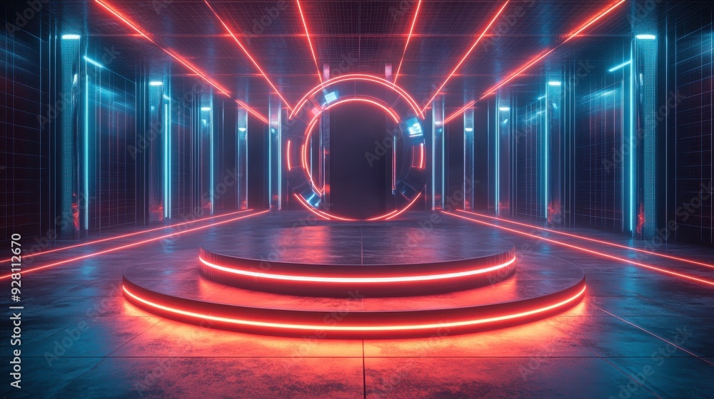 Poster illuminated digital grid lines enhancing modern podium in futuristic 3d background