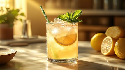 Fototapeta premium A Glass of Iced Lemonade with Mint and Lemon Slices