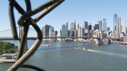 Brooklyn Bridge from Manhattan Bridge. New York City downtown skyline, financial district...