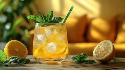 Fototapeta premium Refreshing Iced Lemon Drink with Mint Garnish