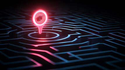 A glowing map marker stands out in a digital maze, representing navigation and location technology in a modern setting.