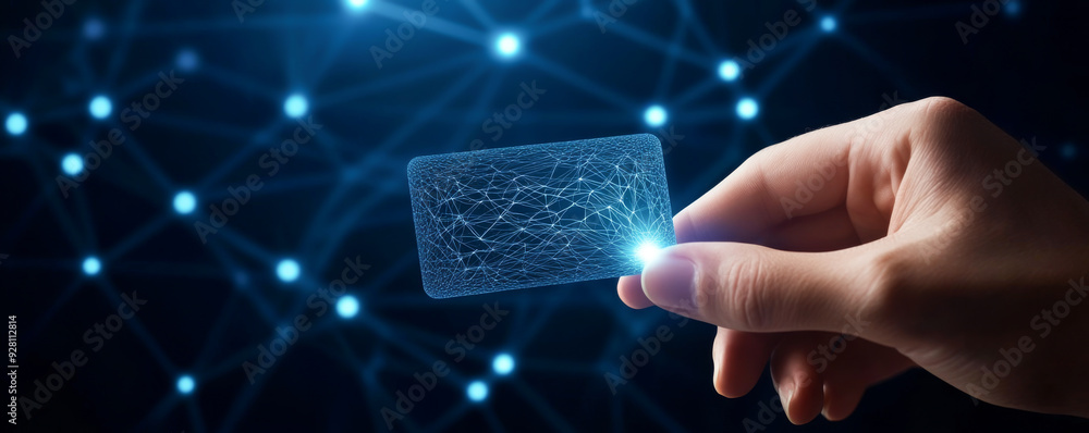 Poster a hand holding a translucent card against a network of glowing nodes, symbolizing digital access and