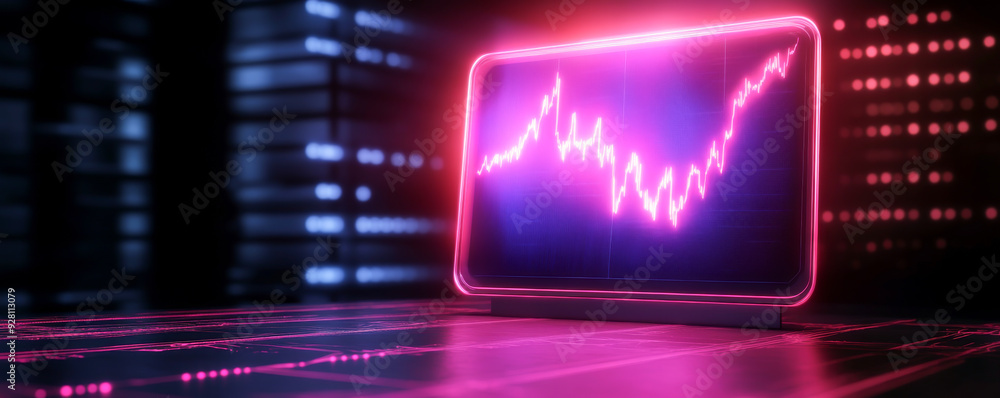 Poster a neon-lit smartphone displaying a rising data graph, symbolizing growth and technology in a digital