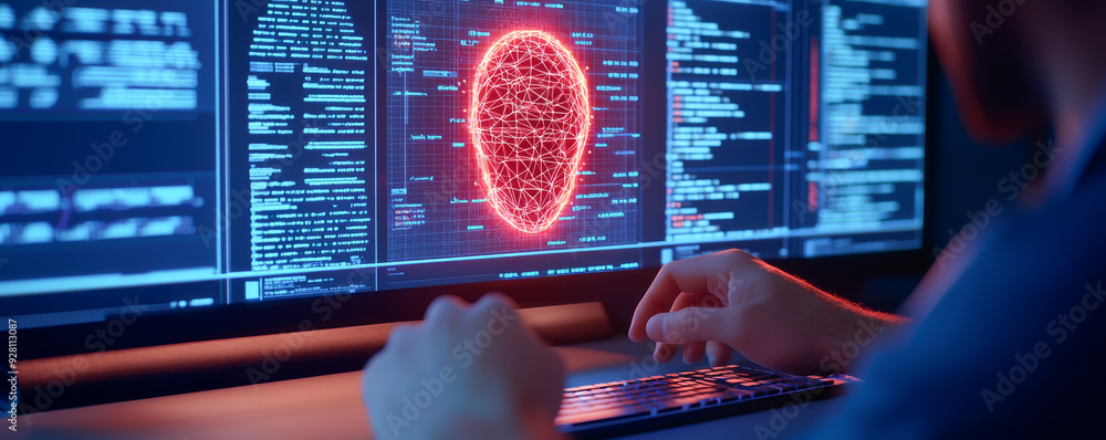 Aufkleber a person analyzes biometric data on a digital interface, showcasing technology and innovation in sec
