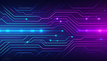 Glowing blue purple neon circuit board lines abstract banner design. Technology vector background