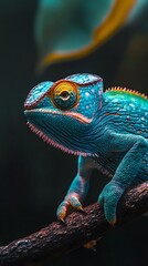 Fototapeta premium Bright Blue and Green Chameleon Up Close in Its Natural Home.