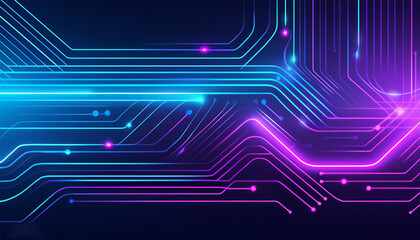 Glowing blue purple neon circuit board lines abstract banner design. Technology vector background