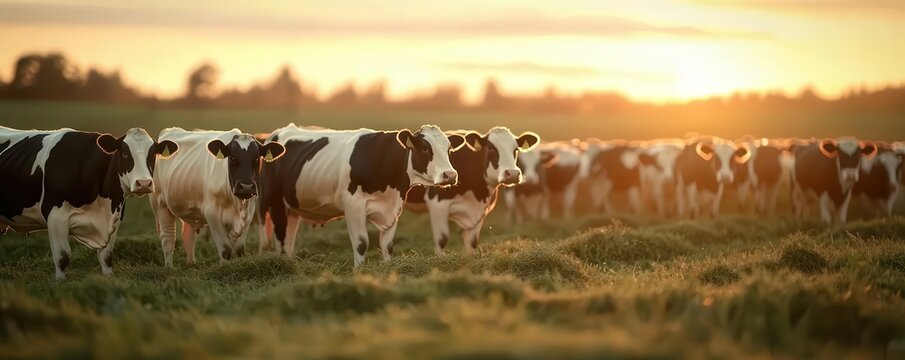 A milking session at sunrise with cows in an open field, showing the peaceful routine of a small, welfare-focused dairy farm, photo-realistic, serene animal care
