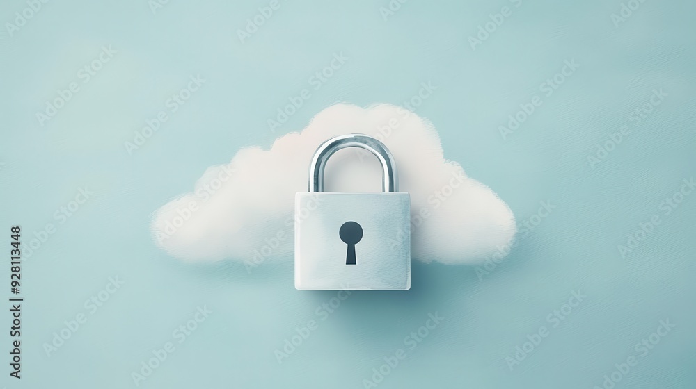 Poster a conceptual image of a padlock resting on a cloud, symbolizing cloud security and digital protectio