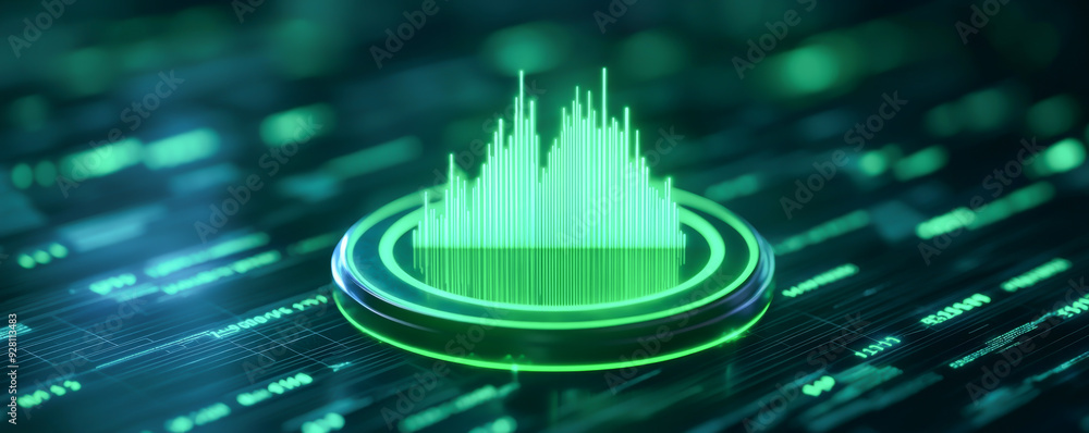 Poster abstract digital sound wave displayed in vibrant green tones, representing audio data and modern tec