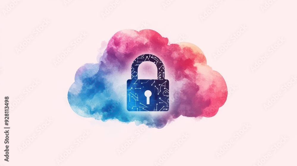 Poster a colorful cloud with a padlock symbolizes security and data protection in the digital world, ideal 