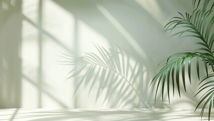 White Platform with Palm Leaf Shadow and Green Fronds