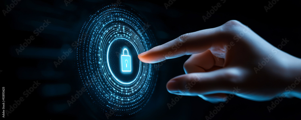 Poster close-up of a hand interacting with a digital lock symbol, representing security and technology in a