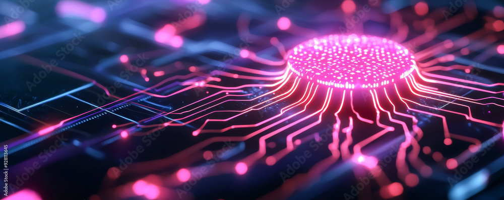 Poster close-up of a modern microchip with vibrant pink lights on a circuit board, symbolizing technology a